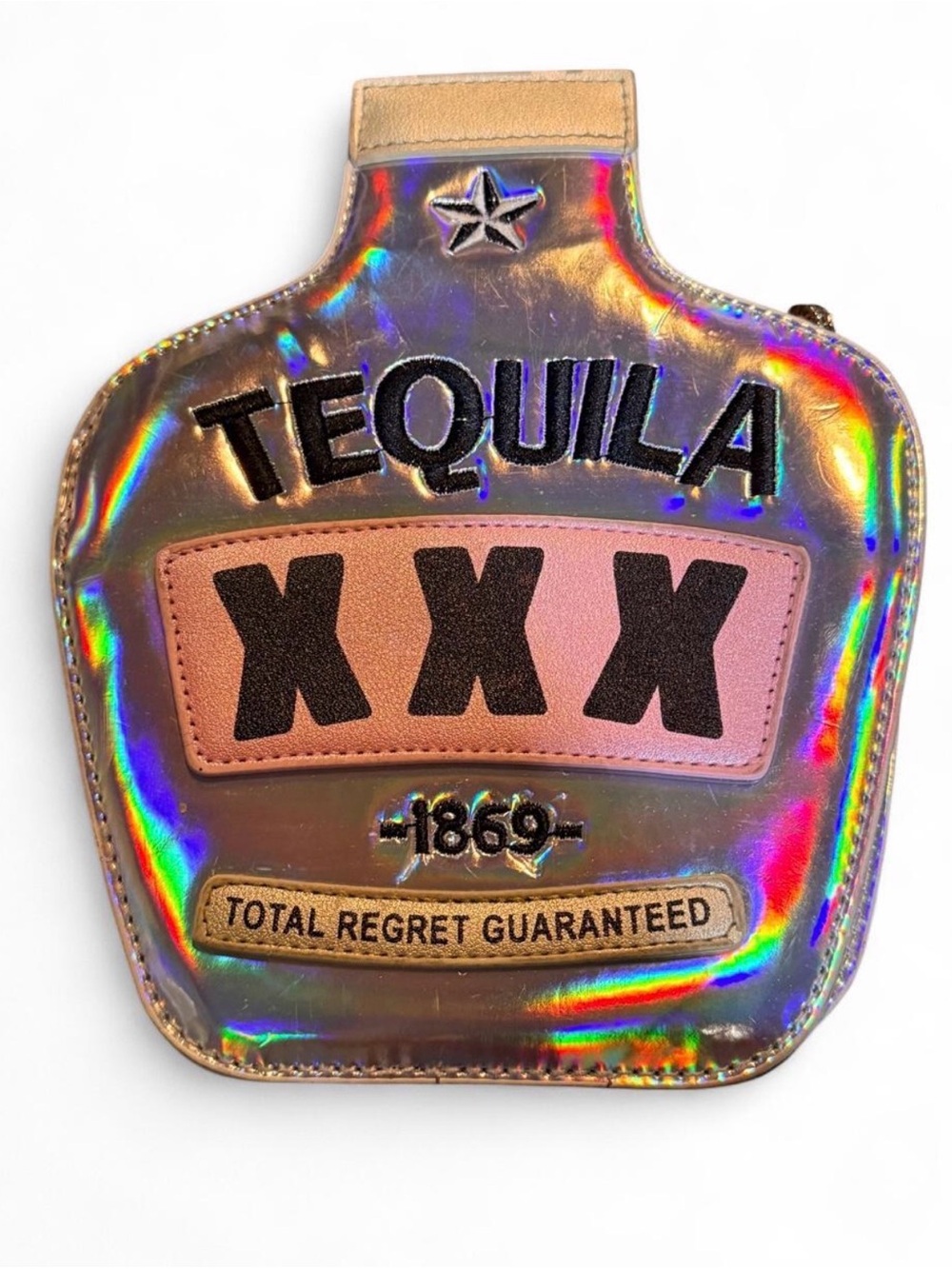 Holographic Tequila XXX Novelty Crossbody Bag - Pink Accent
